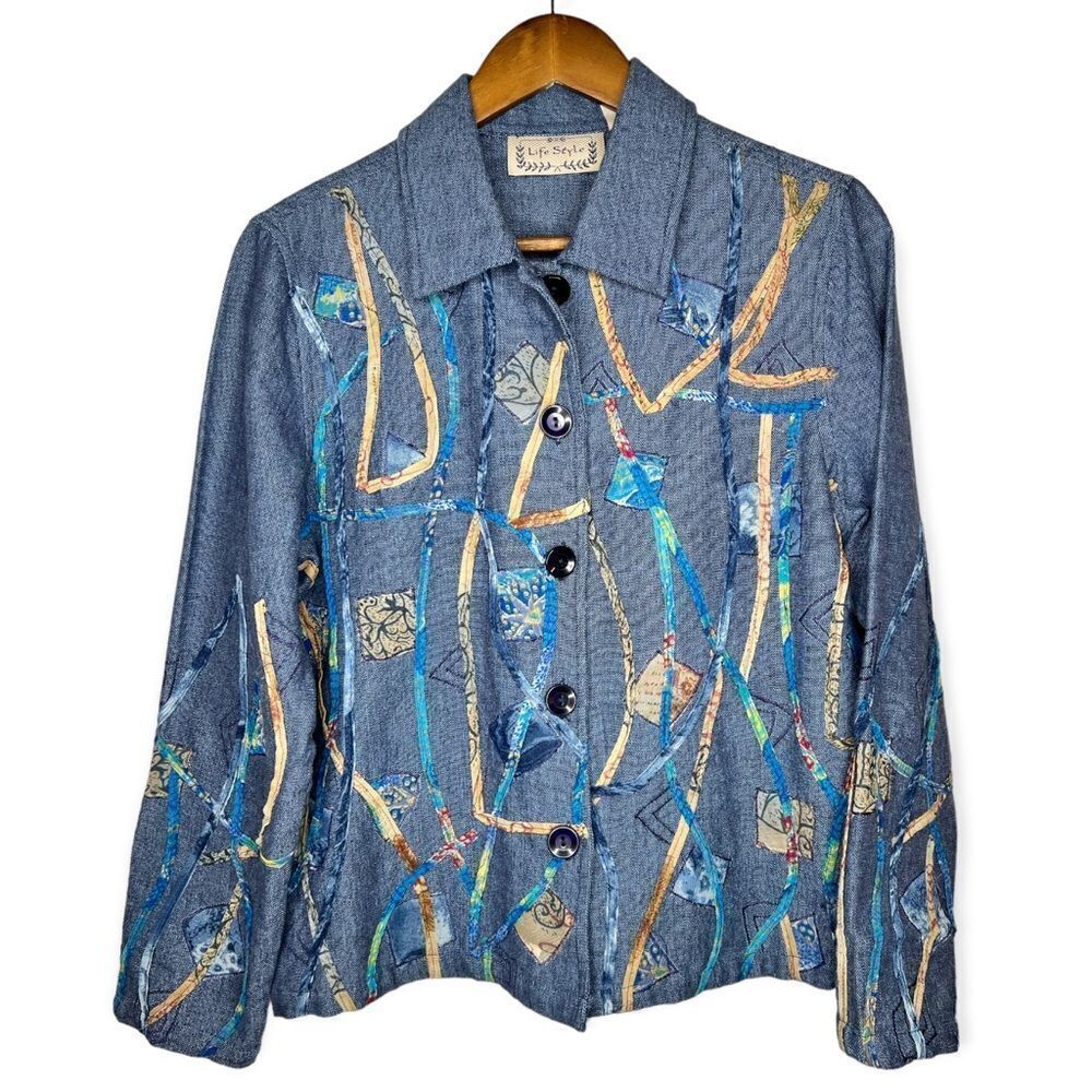 Vintage Life Style Abstract Embroidered‎ Embellished Denim Jacket Shacket Medium